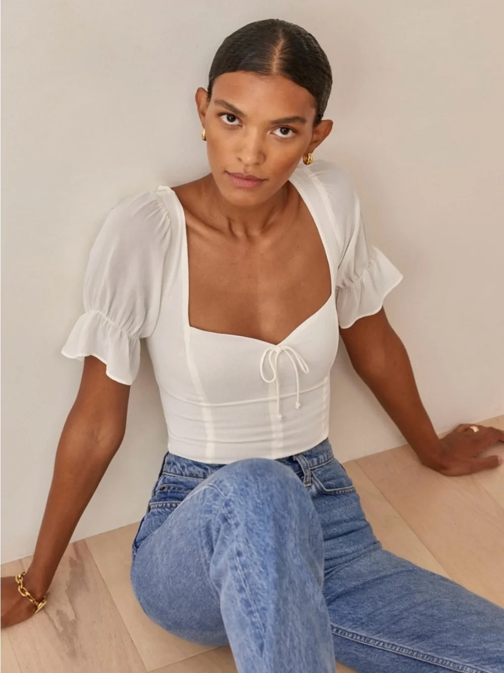 Reformation Delevan Puff Sleeve White Top